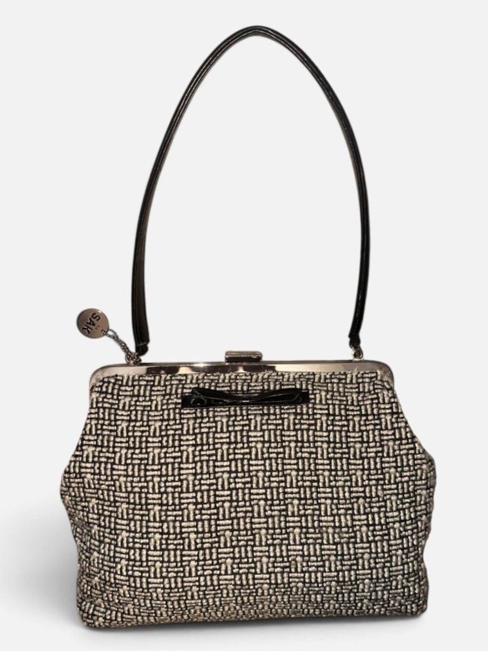 VTG The Sak x Elliott Lucca BowTweed Framed Bag Black Beige Woven Shoulder Bag - Picture 4 of 7